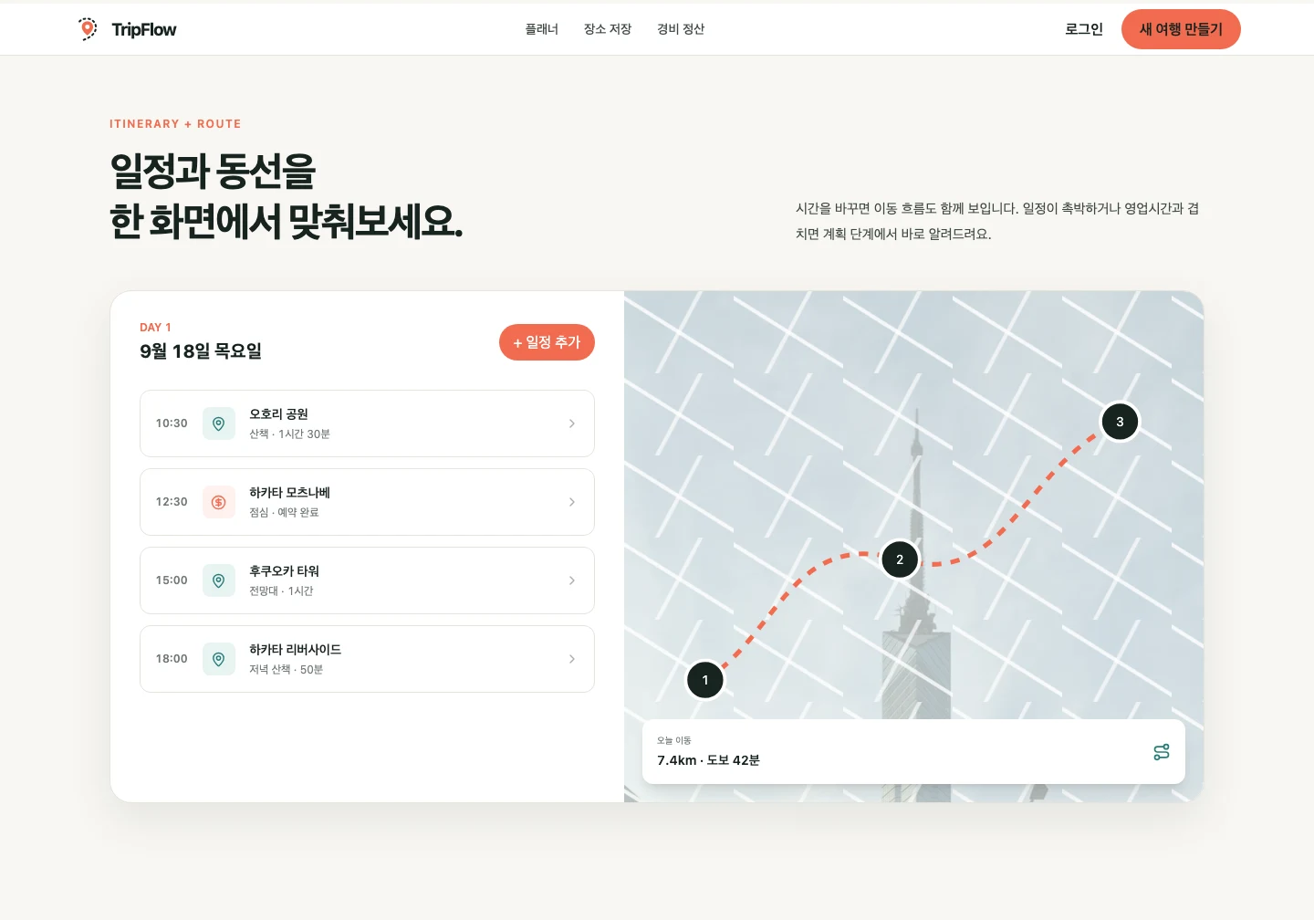 날짜별 일정과 이동 경로를 나란히 소개하는 TripFlow 랜딩 페이지
